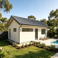 Villa de luxe préfabriquée en acier léger en forme de L, style maison de plage côtière australienne, 3 chambres, 2 salles de bain, plain-pied, modulaire, vue sur l'océan, clé en main