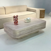 Table basse rectangulaire moderne convertible en pierre, plateau en travertin sculpté, base sculptée – Durable, haute qualité, pour salon et maison