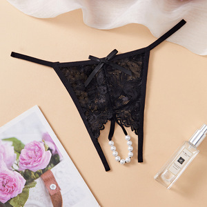 Black <b>Lace</b> Thong With Pearl Detail <b>Elastic</b> Stretch Women's Underwear - Product Image 1