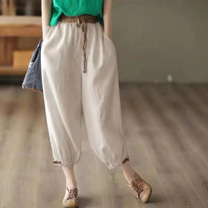 Women's Cotton Linen Lantern Pants Green Loose Fit Drawstring Waist Casual Harem Pants Summer 2025 - Product Image 2