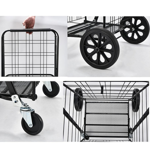Chariot d'épicerie portable en fer, grand panier de supermarché en acier <span class=keywords><strong>antirouille</strong></span>, voiture de marché domestique télescopique noire, vente en gros - Product Image 4