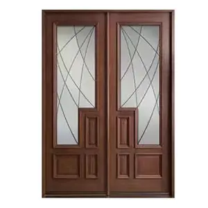 China Supplier Security Solid Teak Wood Door Double Insert Glass Entry Front Doors For House