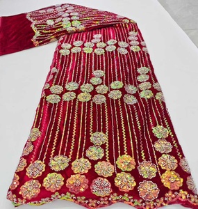 Tela de Encaje de <span class=keywords><strong>Terciopelo</strong></span> con Lentejuelas Bordadas y Cuentas, Estilo Nigeriano, para Vestidos de Mujer, Precio al por Mayor, Gran Venta - Product Image 3