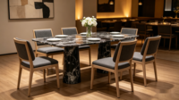 Table à manger de luxe en marbre noir Cristallo avec pieds en colonne, design moderne, plateau de cuisine personnalisé, utilisation pour hôtels et villas