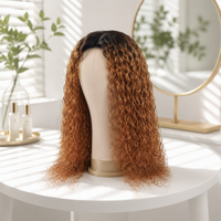 Perruque complète sans colle, fabriquée à la machine, en cheveux indiens longs 100% vierges, blond miel, bouclés Jerry, avec frange aérienne, haute densité, sans dentelle