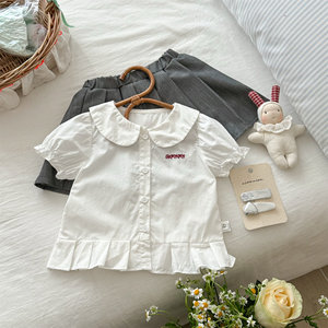 Girls Cotton Shirt And Skirt Set Off White Gray Two Piece Summer Outfit For Kids - Product Image 3