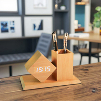Porte-stylos en bois pour bureau fourni par une usine chinoise, horloge numérique LED, affichage de la température, commande vocale, luminosité à trois niveaux