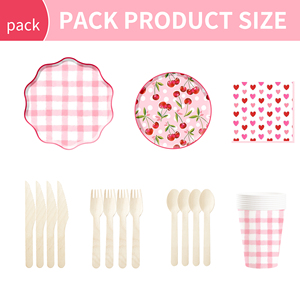DAMAI Picnic Party Kids Birthday Party Supplies Cherry pink Plaid Elements <b>Disposable</b> <b>Tableware</b> Paper Napkins Cups Plates - Product Image 5