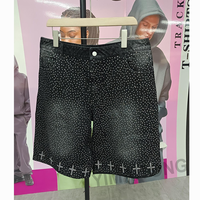 Shorts en jean personnalisés pour homme, style streetwear Y2K, avec ceinture en cristal brodée, coupe ample et décontractée, effet vintage délavé et strass