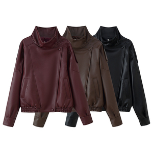 3 Colorway Turtleneck Collar Zipper <strong>Fly</strong> Solid Color Long Sleeve Loose Casual Fashion PU Leather <strong>Jackets</strong> Coat for <strong>Women</strong> - Product Image 1