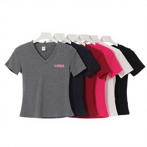 Camisetas de Manga Corta para Mujer, Cuello en V, Corte Ajustado, Color Liso, Transpirables, Tejido Liso de Alta Calidad, 230 g/m², 92% Algodón, 8% Elastano - Product Image 2
