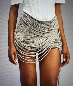 A11618 Women's Sparkly Rhinestone Chain Mini <strong>Skirt</strong>, High Waist Asymmetrical Tassel <strong>Wrap</strong> <strong>Skirt</strong> for Party Clubwear - Product Image 1