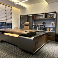 Bureau de direction moderne de luxe en forme de L, en cuir, avec éclairage LED, armoire latérale, mobilier de bureau pour PDG et directeurs