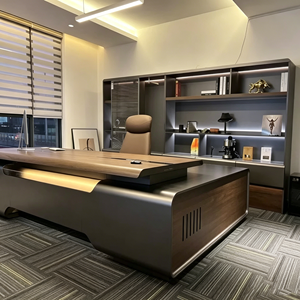 Bureau de direction moderne de luxe en forme de L, en cuir, avec éclairage LED, armoire latérale, mobilier de bureau pour PDG et directeurs - Product Image 3
