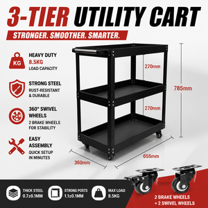 Chariot utilitaire mobile en métal noir robuste <span class=keywords><strong>à</strong></span> 3 niveaux, chariot <span class=keywords><strong>à</strong></span> outils d'atelier avec roues pivotantes <span class=keywords><strong>à</strong></span> 360 degrés - Product Image 1