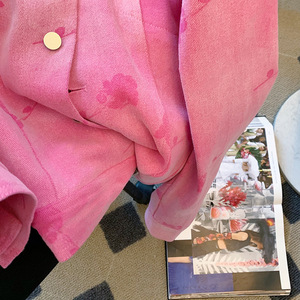 Pink Printed Denim <strong>Jacket</strong> Women'<strong>s</strong> Design 2022 Fall New Fashion Loose Sweet <strong>Polo</strong> Collar Bomber Coat - Product Image 4