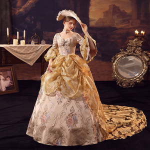 gold dress masquerade Ball Gown Round Neck 3/4 Length Sleeves Floor-Length Rococo Victorian Party  Cosplay Costume Masquerade Prom Quinceanera Dress