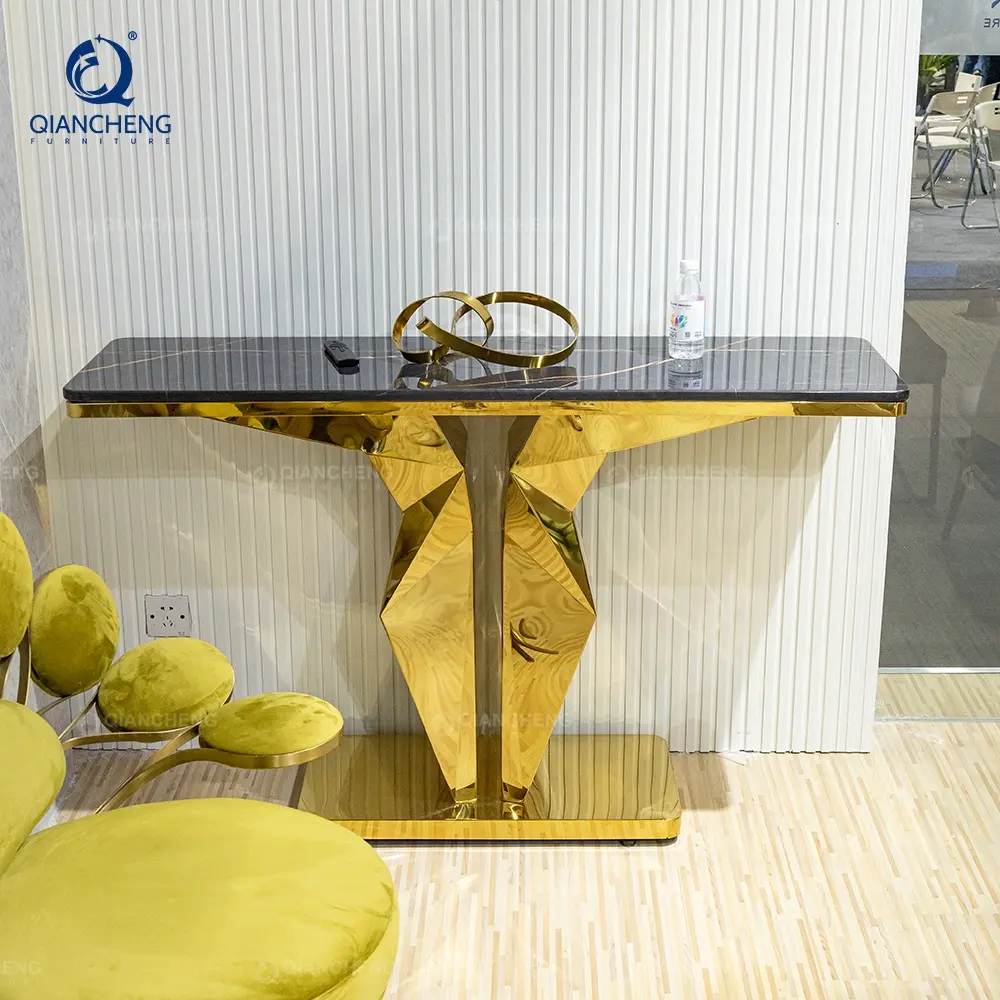 QIANCHENG, золотой консольный стол из нержавеющей стали, современный роскошный настоящий мрамор, оптовая цена, итальянские стильные столы для прихожей