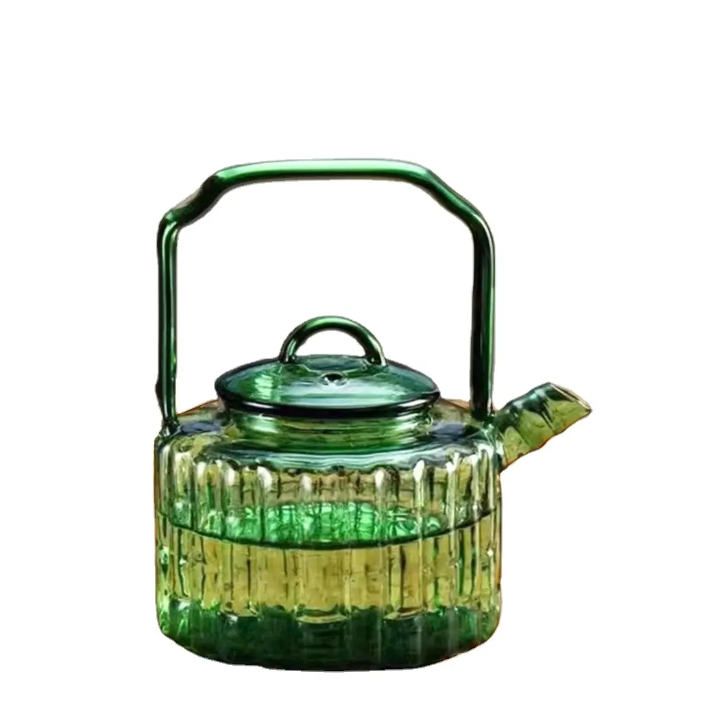 Green bamboo joint Glass Teapot with Lid 300ml High borosilicate heat resistance glass pot for Tea Leaf Loose