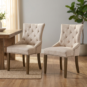 Chaise de salle à manger capitonnée en lin avec pieds en bois, design transitionnel, mobilier moderne pour la maison - Product Image 3