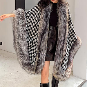 Manteau <span class=keywords><strong>de</strong></span> Cape en laine, en treillis, motif <span class=keywords><strong>pied</strong></span>-<span class=keywords><strong>de</strong></span>-<span class=keywords><strong>poule</strong></span>, <span class=keywords><strong>Poncho</strong></span> avec vraie fourrure <span class=keywords><strong>de</strong></span> renard, nouveauté mode hiver - Product Image 3