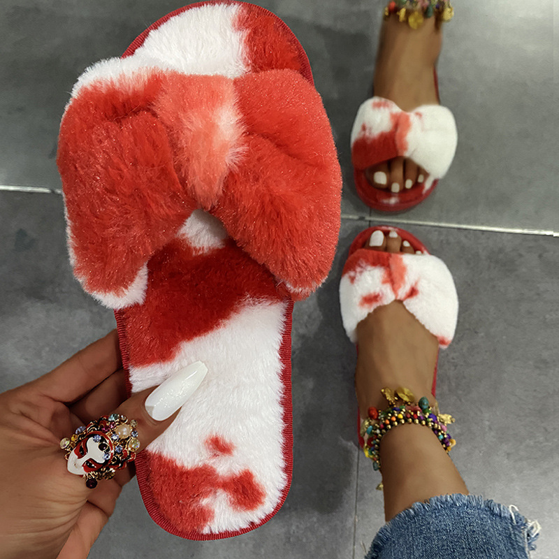 Fashion Furry Slippers Women Flat Bottom Outdoor Bow Plush Slippers Sandals