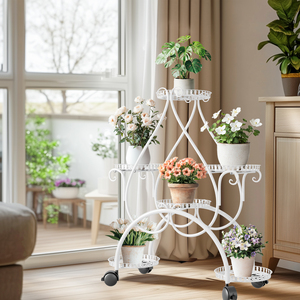 Supporto per Piante Bianco: Carrello da Giardino in Metallo per 6 Vasi, <span class=keywords><strong>Portavasi</strong></span> in Ferro Battuto <span class=keywords><strong>con</strong></span> <span class=keywords><strong>Ruote</strong></span> per Patio, Verande - Product Image 5