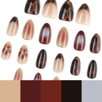Unghie Finte Press-on Effetto Tartaruga Marrone, Unghie a Mandorla con Effetto Occhio di Gatto, Linea Dorata e Accenti Floreali, Eleganti per Uso Quotidiano, Manicure 4543