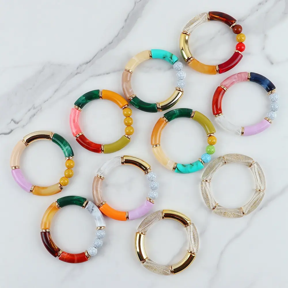 Mới Nhất Đàn Hồi Tre Ống Vòng Tay Phụ Nữ Nhiều Màu Trong Suốt Acrylic Beads Bangle Bracelet Trên Tay Cổ Tay Trang Sức Bán Buôn
