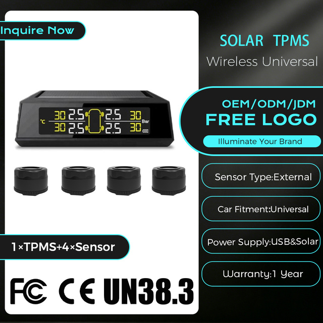 Solar TPMS Tire Pressure Monitoring System LCD Display 4-Piece Wireless External Sensors Environment Protection