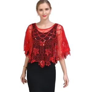 Groothandel Zomer Korte Lovertjes Geborduurde Sjaal Avondjurk Mesh Cape Cover Up Voor Vrouwen Bruiloft