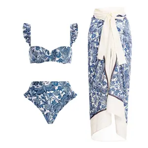 Новинка 2023, женский купальник с синей стрекозой и накидкой, купальный костюм из двух предметов с рюшами и лямками, купальник с цветочным принтом, пляжная одежда