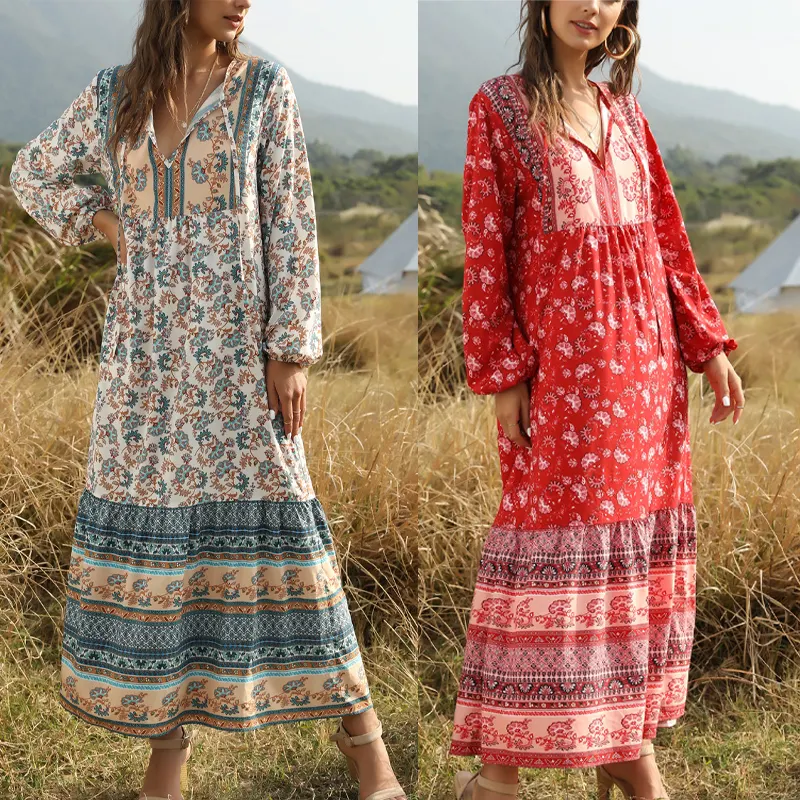 Custom Summer Fashion Casual Lantern Elegant Boho women Dresses Loose Chiffon Floral Printed Bohemian Beach Maxi Dress