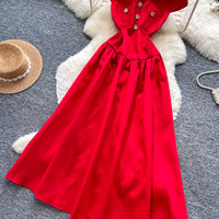 Robe longue décontractée élégante en satin pour femme, coupe trapèze, manches courtes, boutons décoratifs en strass, taille découpée, évasée, pour le quotidien et les soirées