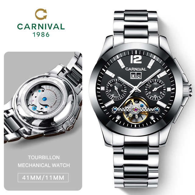 Carnival Men's Mechanical Skeleton Watch Luminous Automatic Wristwatches Sapphire Crystal Stainless Steel Waterproof Reloj