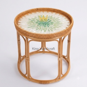 Modern Minimalist Rattan <b>Bedside</b> Coffee <b>Table</b> Set Handcrafted Mother of Pearl MOP Inlay <b>Round</b> Accent End <b>Table</b> - Product Image 2
