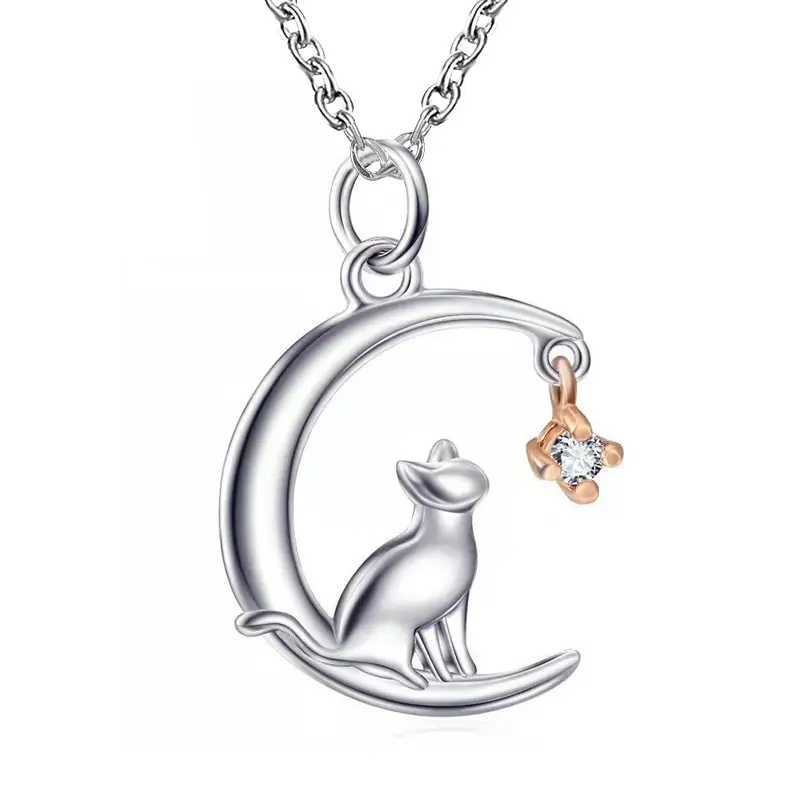 18 Inch Cat on The Moon Cat Lover Necklace for Jewelry Gift Girls Zinc Alloy Heart Fashion Pendant Necklaces 3 PCS Party Jewelry