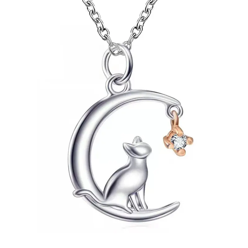 18 Inch Kat Op De Maan Kat Liefhebber Ketting Voor Sieraden Cadeau Meisjes Zink Legering Hart Mode Hanger Kettingen 3 Stuks Feestsieraden