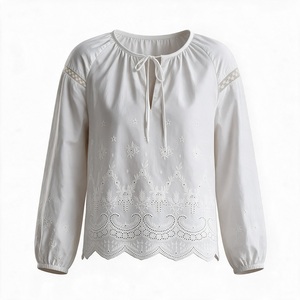 White Embroidered Women Blouse Lace Detail Long Sleeve <b>shirts</b> <b>Boho</b> Style for Daily Wear - Product Image 4