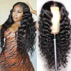 Büyük kafaları ile toptan ucuz özelleştirilmiş T parçası peruk siyah kadınlar için kıvırcık Frontal derin dalga gerçek insan saçı peruk