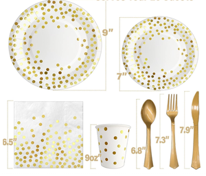 DAMAI - Vajilla Desechable Blanca y Dorada para Fiestas, Platos, Vasos y Servilletas con Puntos Dorados para Graduación, Cumpleaños, Bodas - Product Image 2