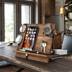 Gepolijst Houten Boerderij Decor Nachtkastje Docking <span class=keywords><strong>Station</strong></span> Telefoon Portemonnee Horloge Stand Sleutelhouder Opladen Dock Bureau Huis Liefde - Product Image 3