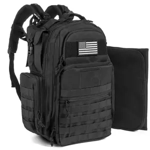 Black Tactical Travel Baby Nappy Diaper Bag Backpack with Changing Station for Men Daddy