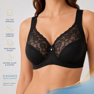 Sujetador Minimizador Talla Grande <span class=keywords><strong>Copa</strong></span> 3/4 con Aros, Encaje, Lazo, Tirantes Acolchados, Soporte Trasero Sin Costuras, Transpirable, Extra Confort para Busto Grande - Product Image 1