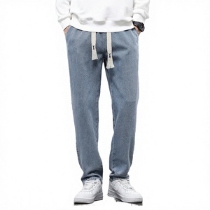 Wholesale Spring and Summer New <b>Soft</b> Drawstring Mid Waist Straight Leg Denim Pants with Elastic Waist Retro Casual Men's <b>Jeans</b> - Product Image 3