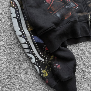 Sweat à capuche noir zippé surdimensionné personnalisé pour homme, avec impression numérique vintage délavée à l'acide, motif graphique et strass, coupe courte, double capuche, collection automne - Product Image 5