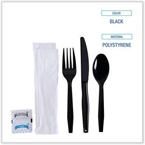 Kit de couverts jetables 6 pièces Boardwalk (fourchettes, couteaux, serviettes, cuillères à café) noirs pour fêtes, 250 pièces/carton - Product Image 5