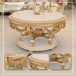 Taburete Redondo de Madera Maciza Hecho a Mano, Mueble Decorativo con Detalles en Oro Antiguo para Sala de Estar - Product Image 2