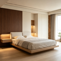 Meubles sur mesure pour toute la maison : Armoire moderne sans poignées en MDF crème avec mur à lattes, niche encastrée LED, pour salon et chambre.
