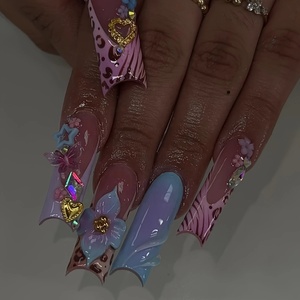 Nouveau produit chaud longue tête carrée ligne d'or française 3D fleur conception réutilisable couverture complète ongles conseils à la main presse sur les ongles - Product Image 3